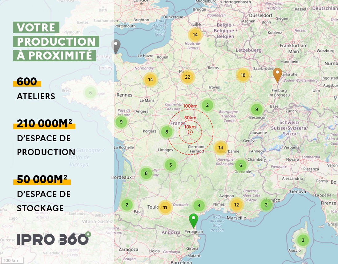 Capture d'écran de la cartographie IPro 360°. Les activités présentées sur la cartographie sont indiquées à titre illustratif des capacités de production, à partir des activités actuellement implantées. Pour apprécier au mieux les capacités et les possibilités par rapport à vos activités et vos besoins, nous vous invitons à prendre contact avec le référent interrégional concerné. 